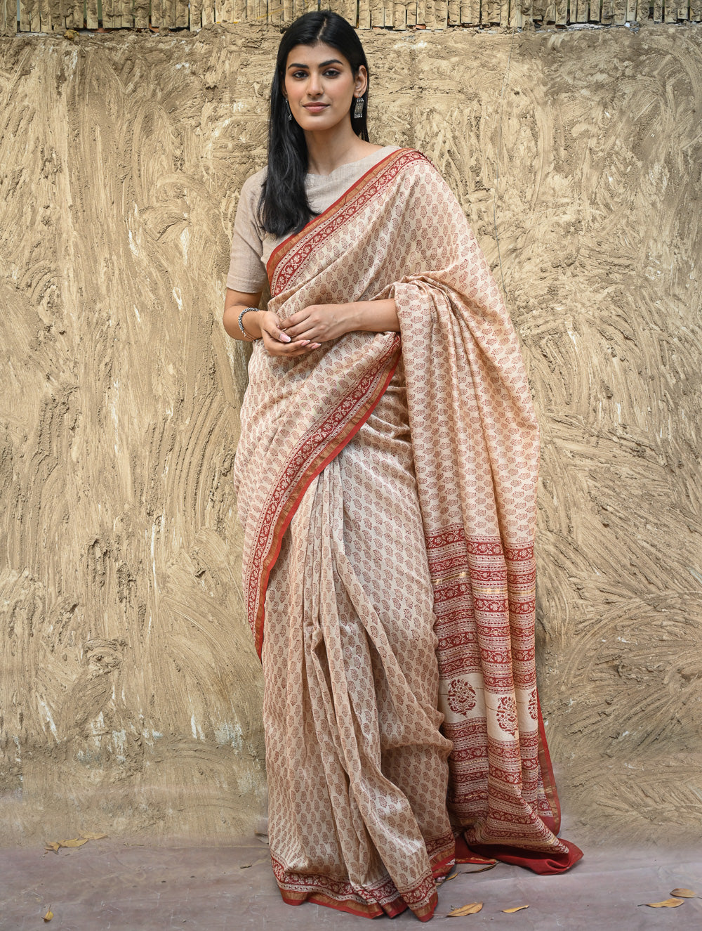 Bagru Statements : Hand Block Printed Chanderi Saree - Chand Phool Buti