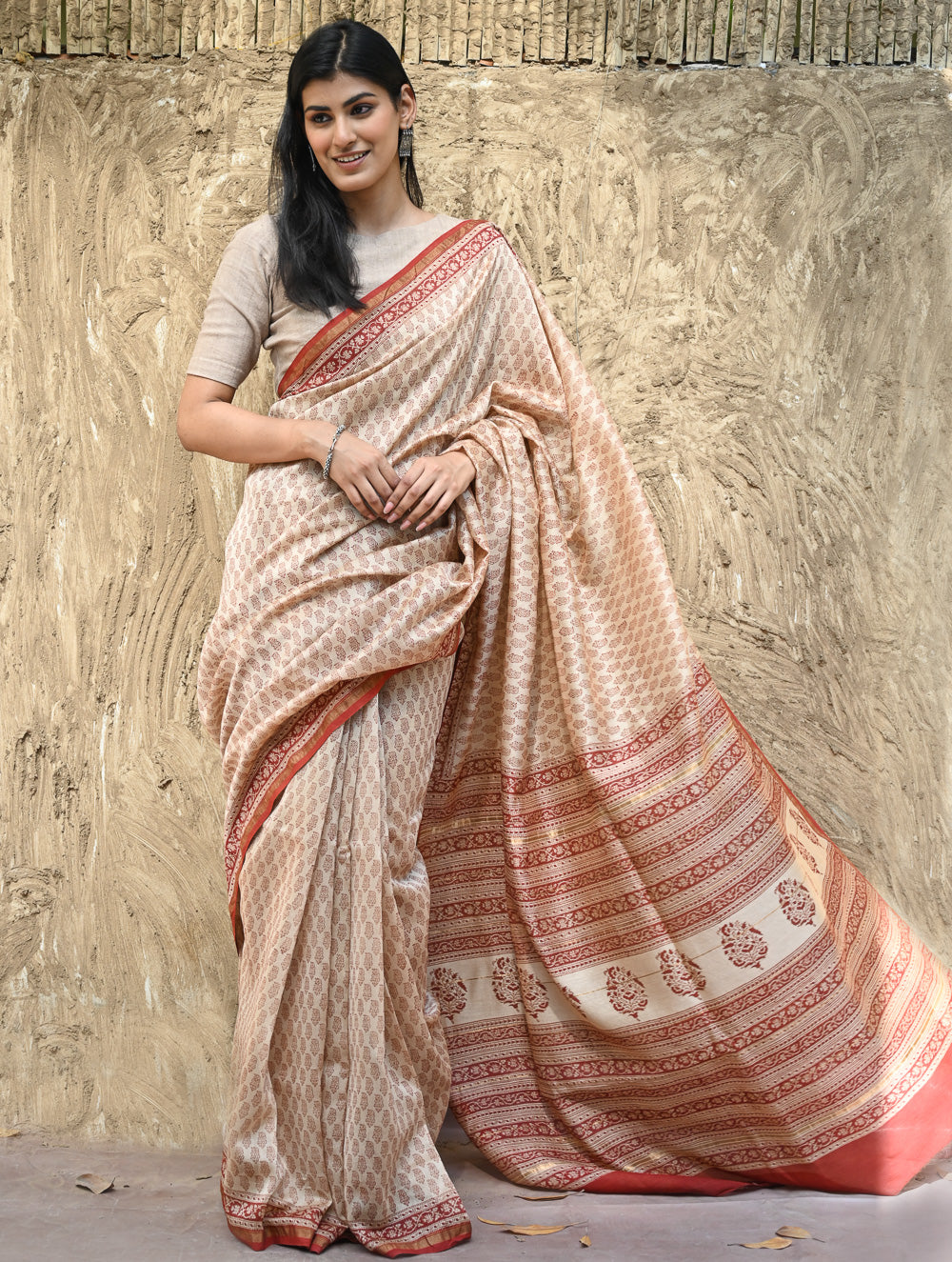 Bagru Statements : Hand Block Printed Chanderi Saree - Chand Phool Buti