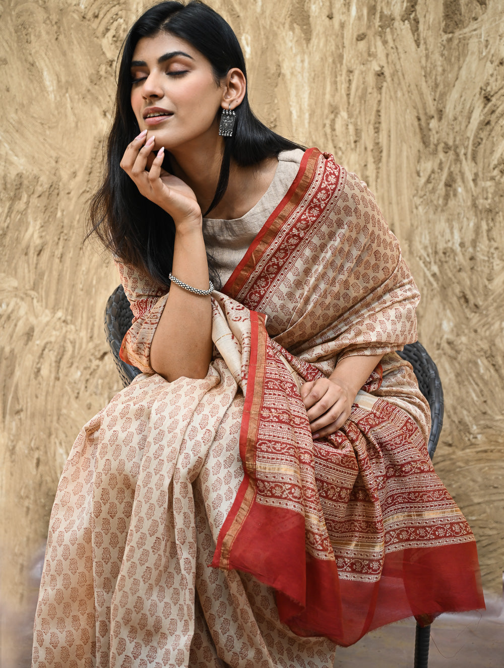 Bagru Statements : Hand Block Printed Chanderi Saree - Chand Phool Buti
