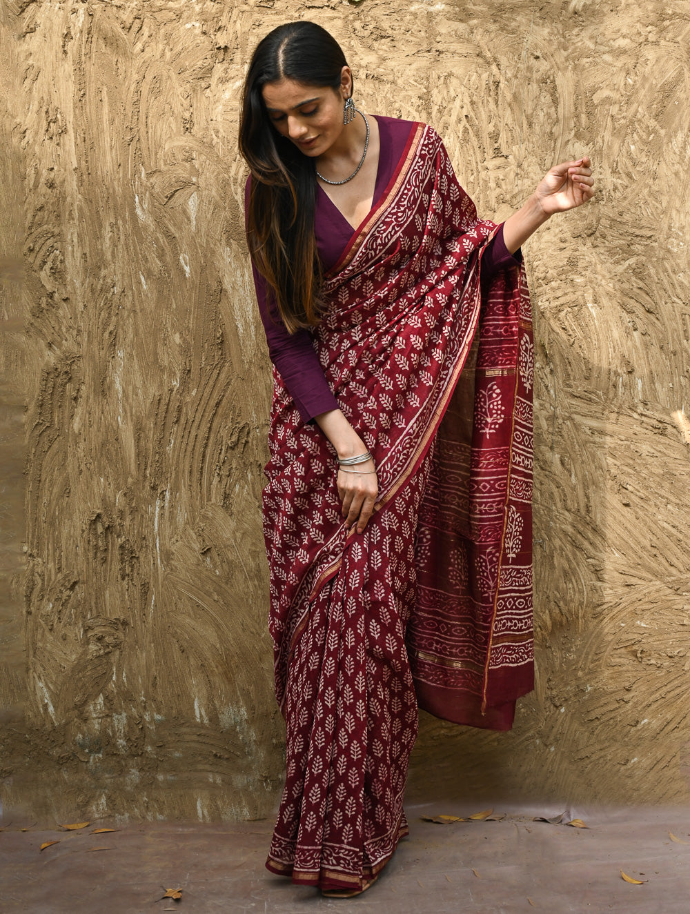 Bagru Statements : Hand Block Printed Chanderi Saree - Maruva Patra