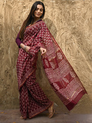 Bagru Statements : Hand Block Printed Chanderi Saree - Maruva Patra