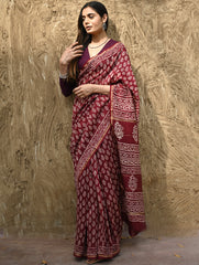 Bagru Statements : Hand Block Printed Chanderi Saree - Maruva Patra
