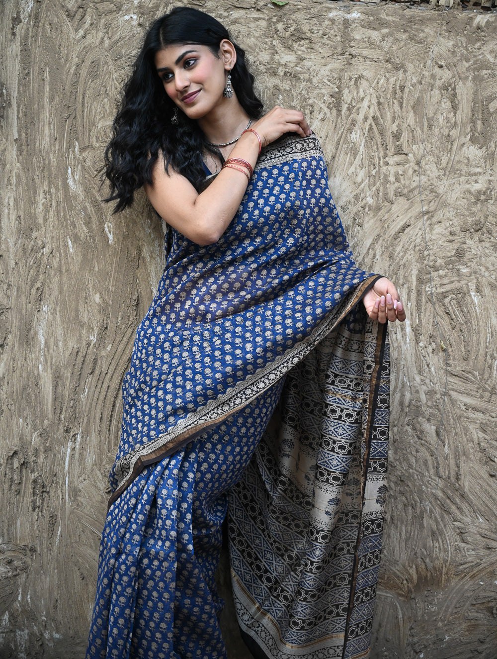 Bagru Statements : Hand Block Printed Chanderi Saree - Neel Tarang 
