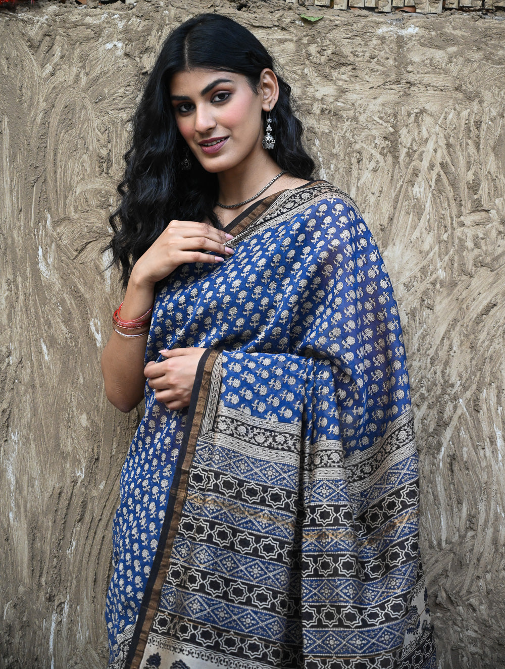 Bagru Statements : Hand Block Printed Chanderi Saree - Neel Tarang 