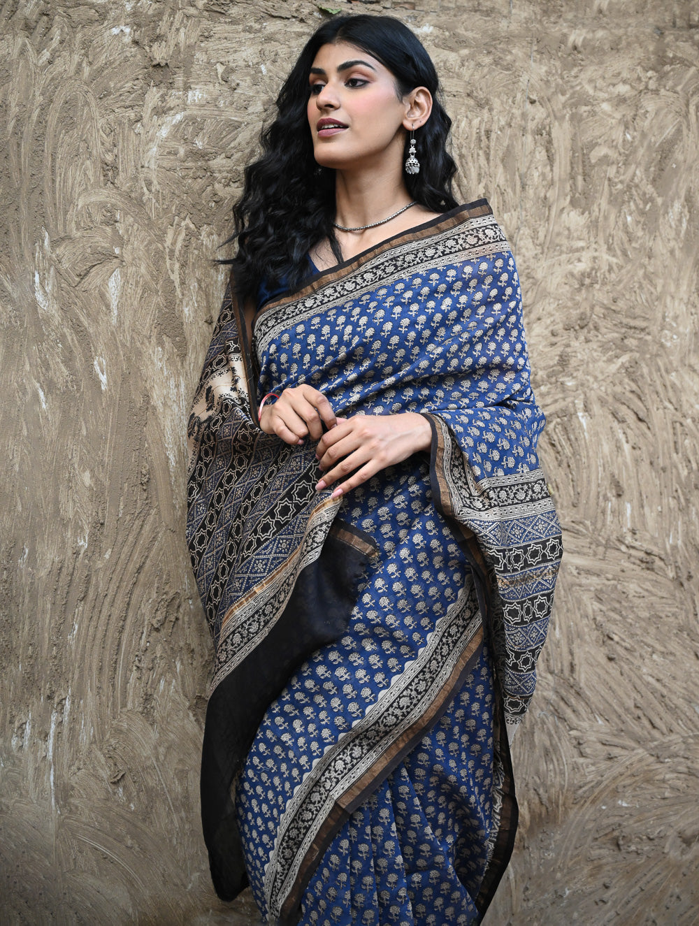 Bagru Statements : Hand Block Printed Chanderi Saree - Neel Tarang 