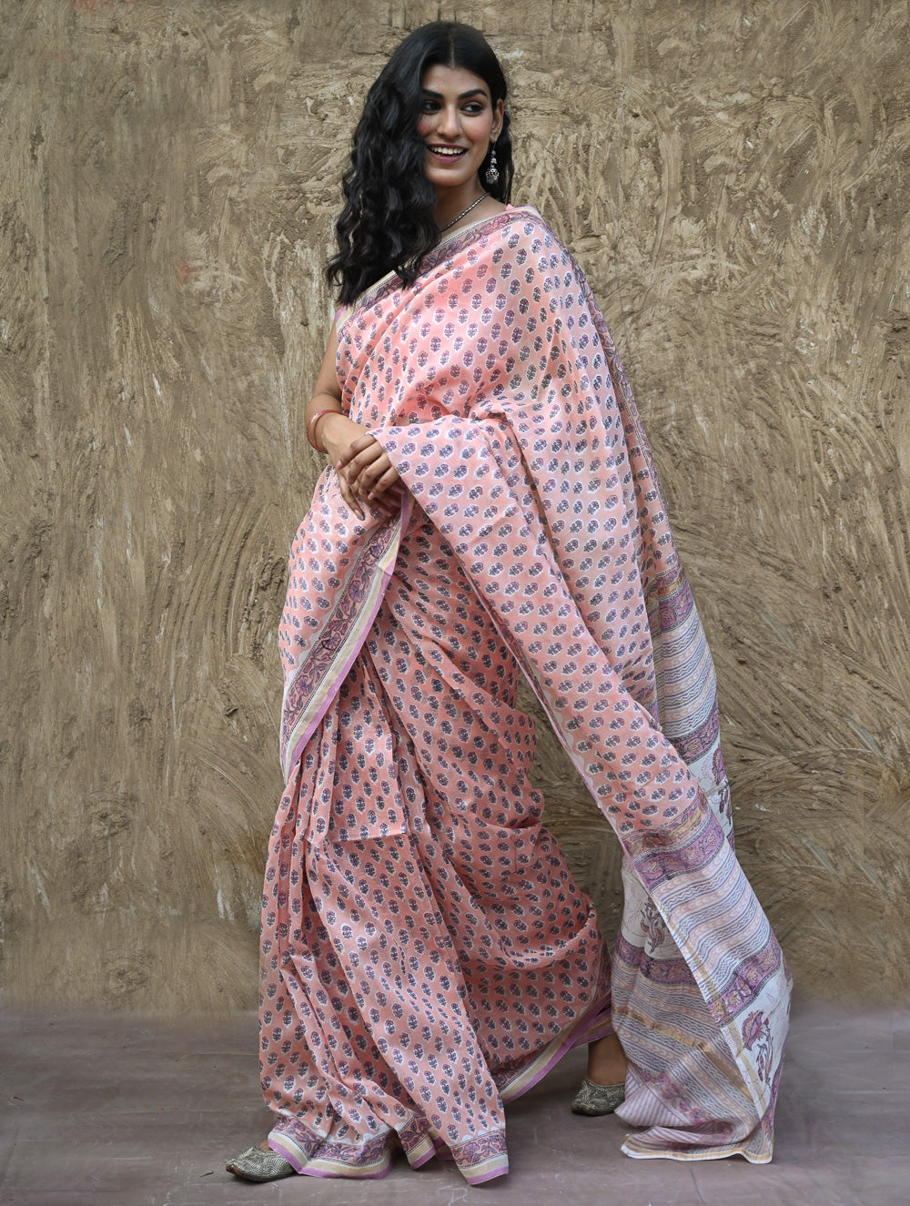 Sanganer Summers : Hand Block Printed Chanderi Saree - Pink Pushpa