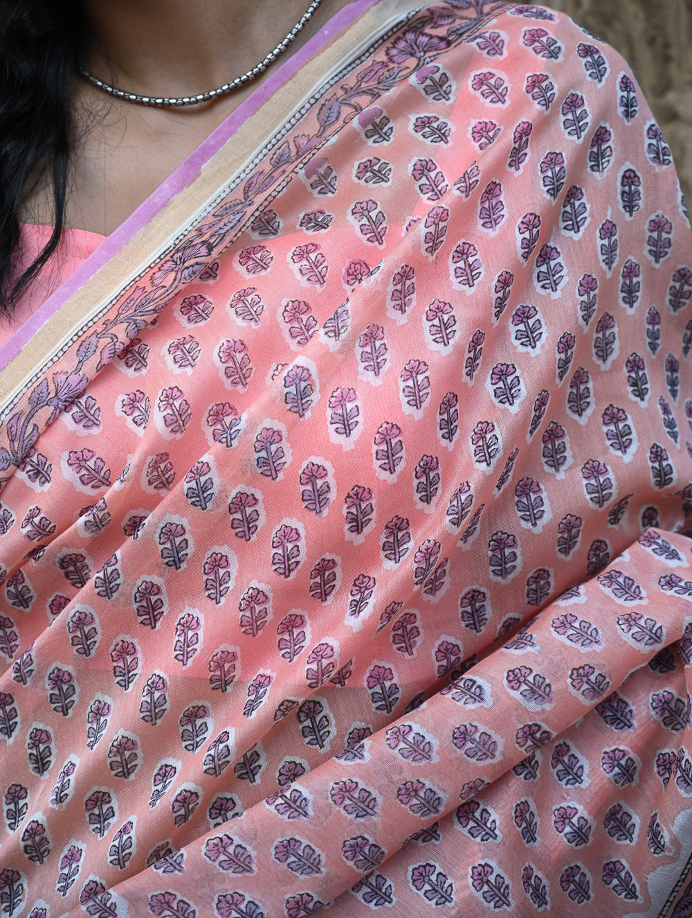 Sanganer Summers : Hand Block Printed Chanderi Saree - Pink Pushpa