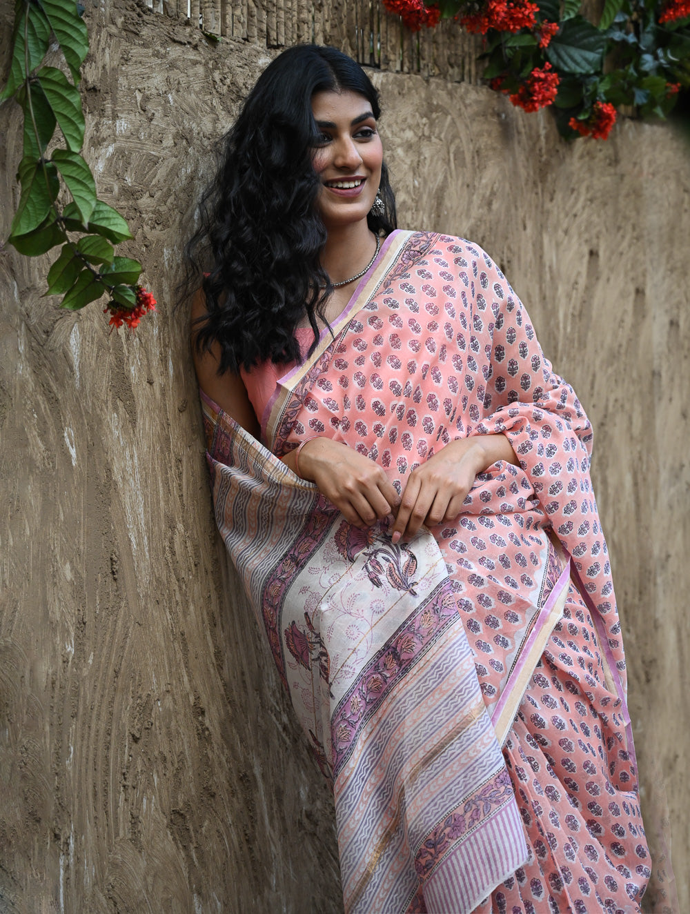 Sanganer Summers : Hand Block Printed Chanderi Saree - Pink Pushpa