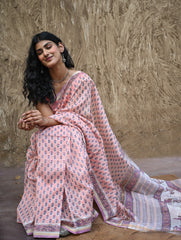 Sanganer Summers : Hand Block Printed Chanderi Saree - Pink Pushpa