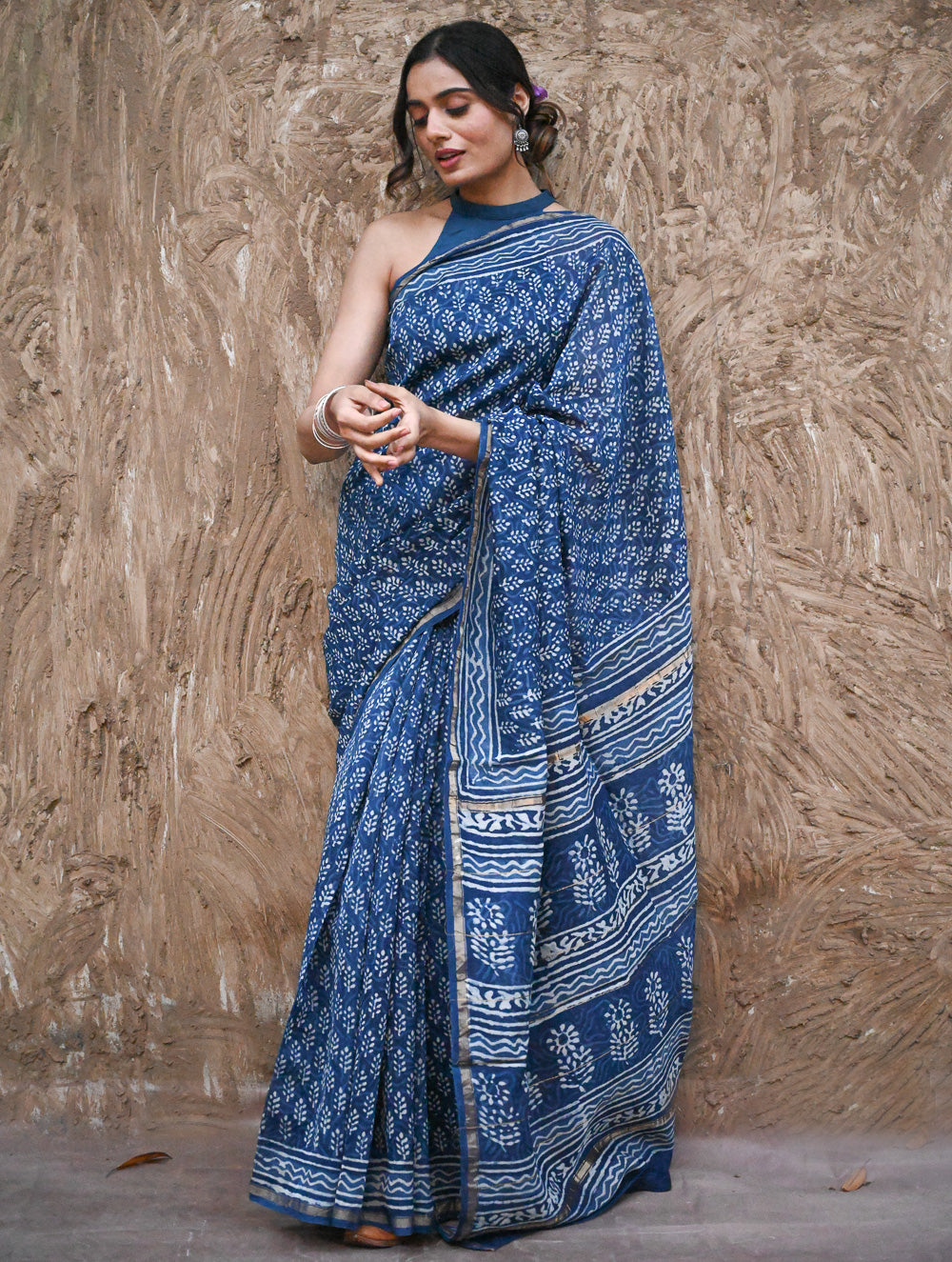 Dabu Vibes : Hand Block Printed Chanderi Saree - Neel Buti