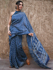 Dabu Vibes : Hand Block Printed Chanderi Saree - Neel Buti