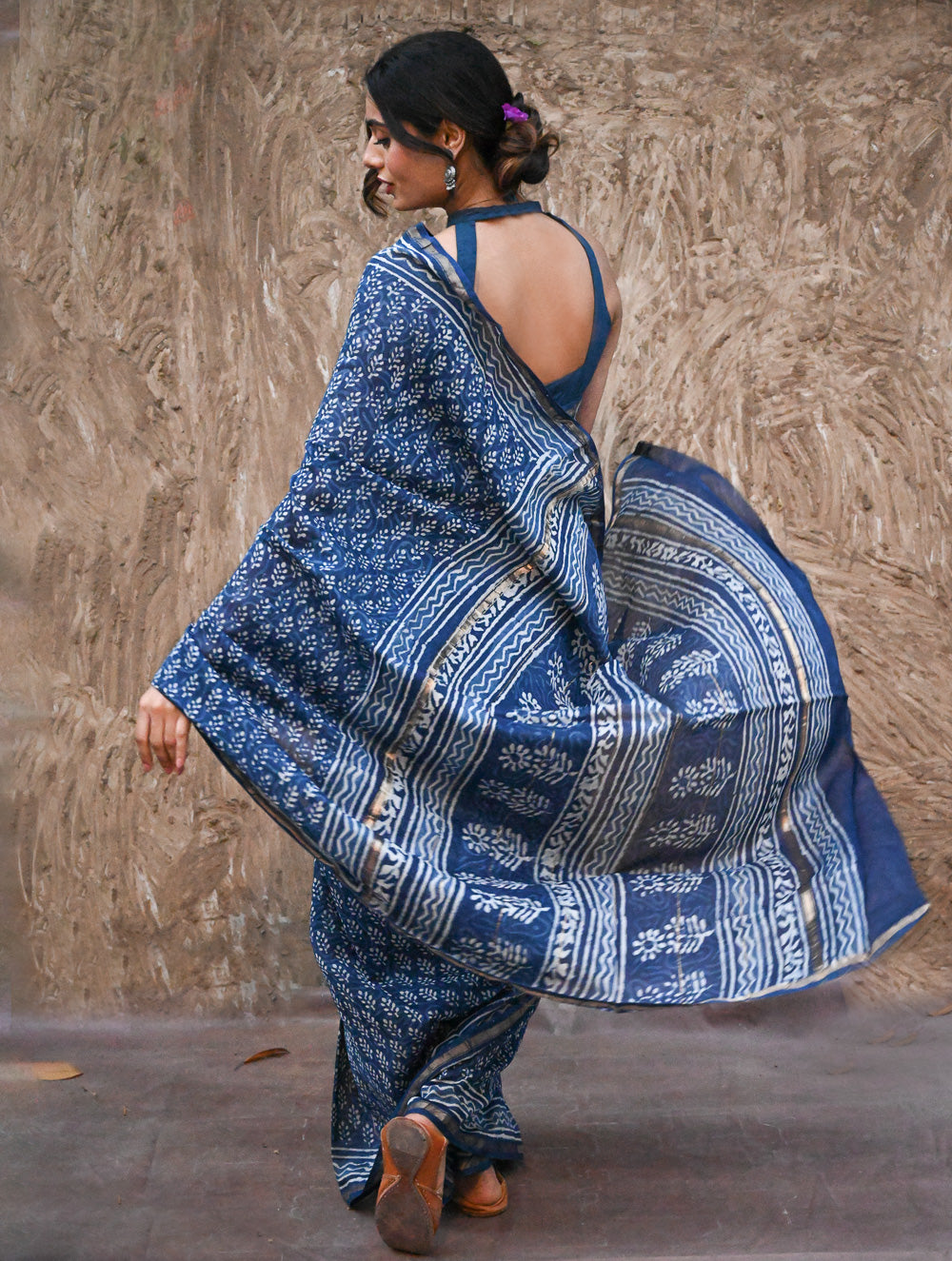 Dabu Vibes : Hand Block Printed Chanderi Saree - Neel Buti