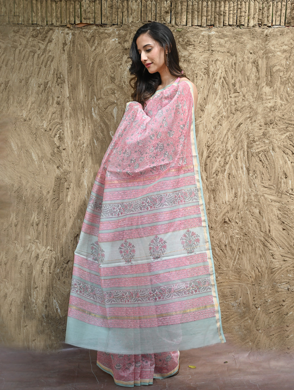 Sanganer Summers : Hand Block Printed Chanderi Saree - Gulabi Belvat