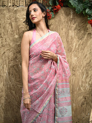 Sanganer Summers : Hand Block Printed Chanderi Saree - Gulabi Belvat