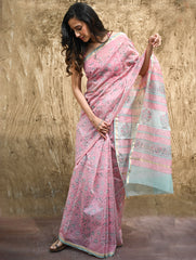 Sanganer Summers : Hand Block Printed Chanderi Saree - Gulabi Belvat