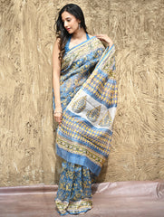 Sanganer Summers : Hand Block Printed Chanderi Saree - Blue Garden