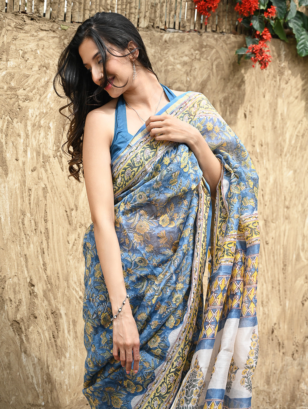Sanganer Summers : Hand Block Printed Chanderi Saree - Blue Garden