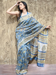 Sanganer Summers : Hand Block Printed Chanderi Saree - Blue Garden