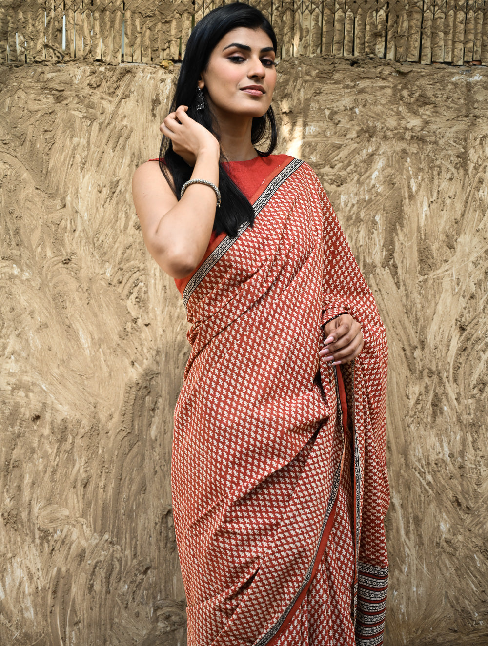 Bagru Statements : Hand Block Printed Cotton Saree - Gerua Rekh