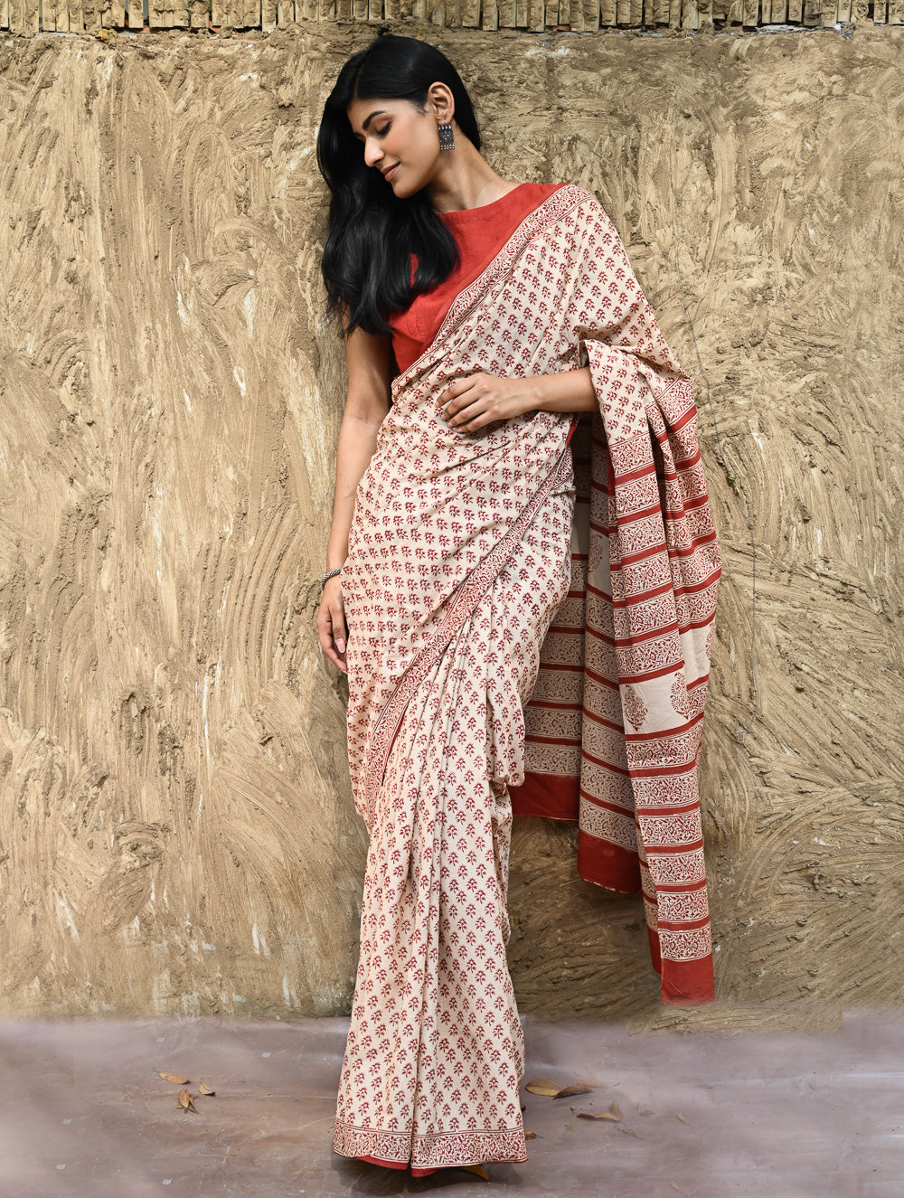 Bagru Statements : Hand Block Printed Cotton Saree - Dhara Phool