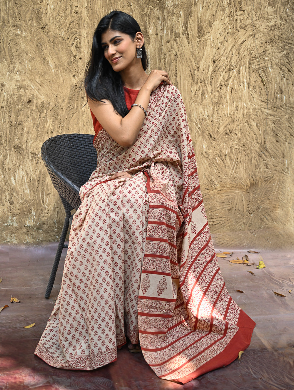 Bagru Statements : Hand Block Printed Cotton Saree - Dhara Phool