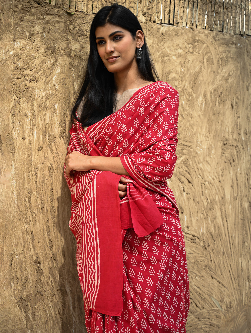 Dabu Vibes : Hand Block Printed Cotton Saree - Rakta Pallavi