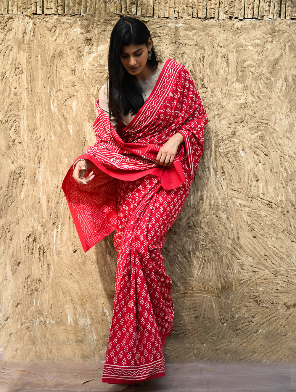 Dabu Vibes : Hand Block Printed Cotton Saree - Rakta Pallavi
