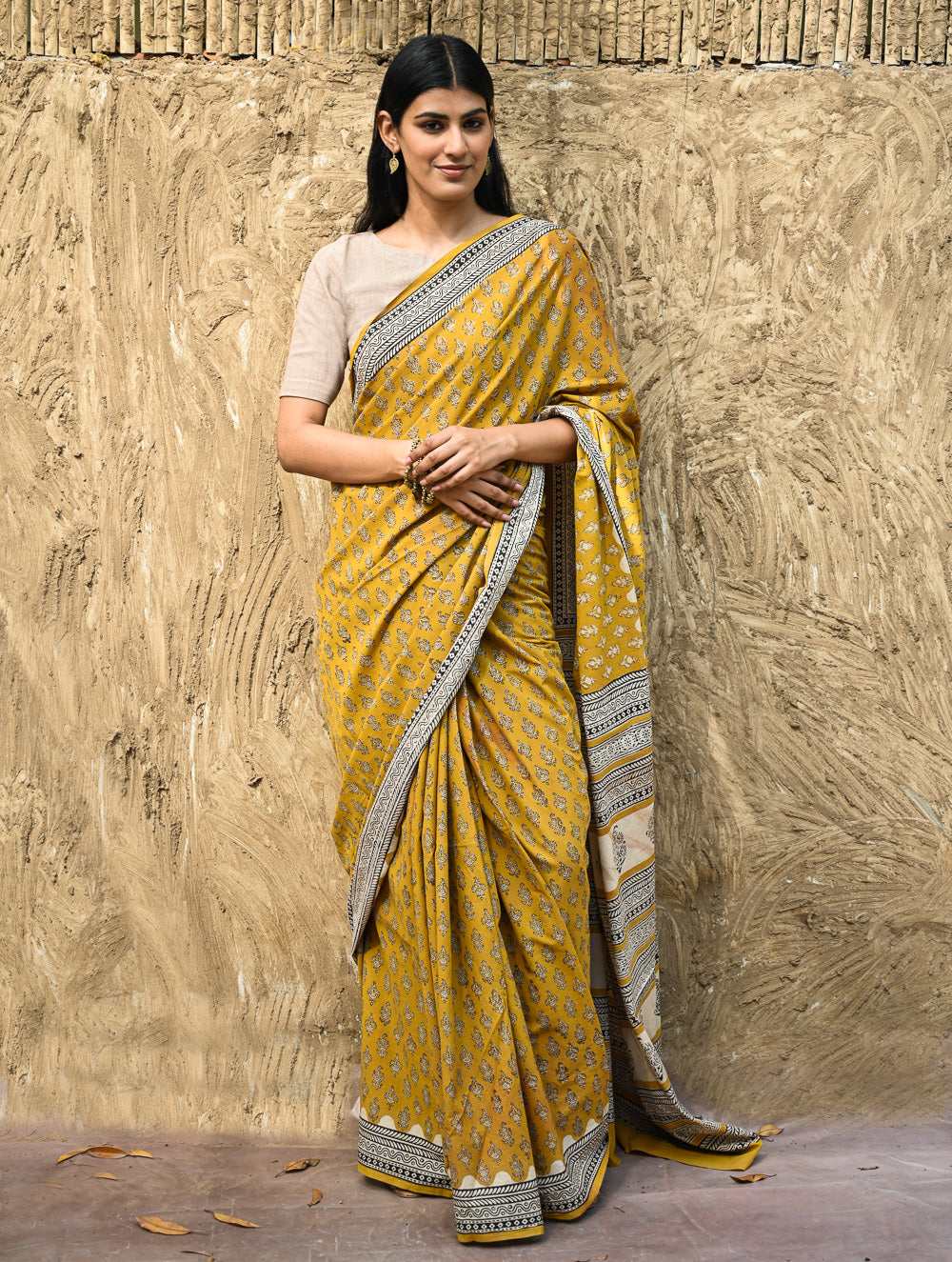 Bagru Statements : Hand Block Printed Cotton Saree - Kesarika