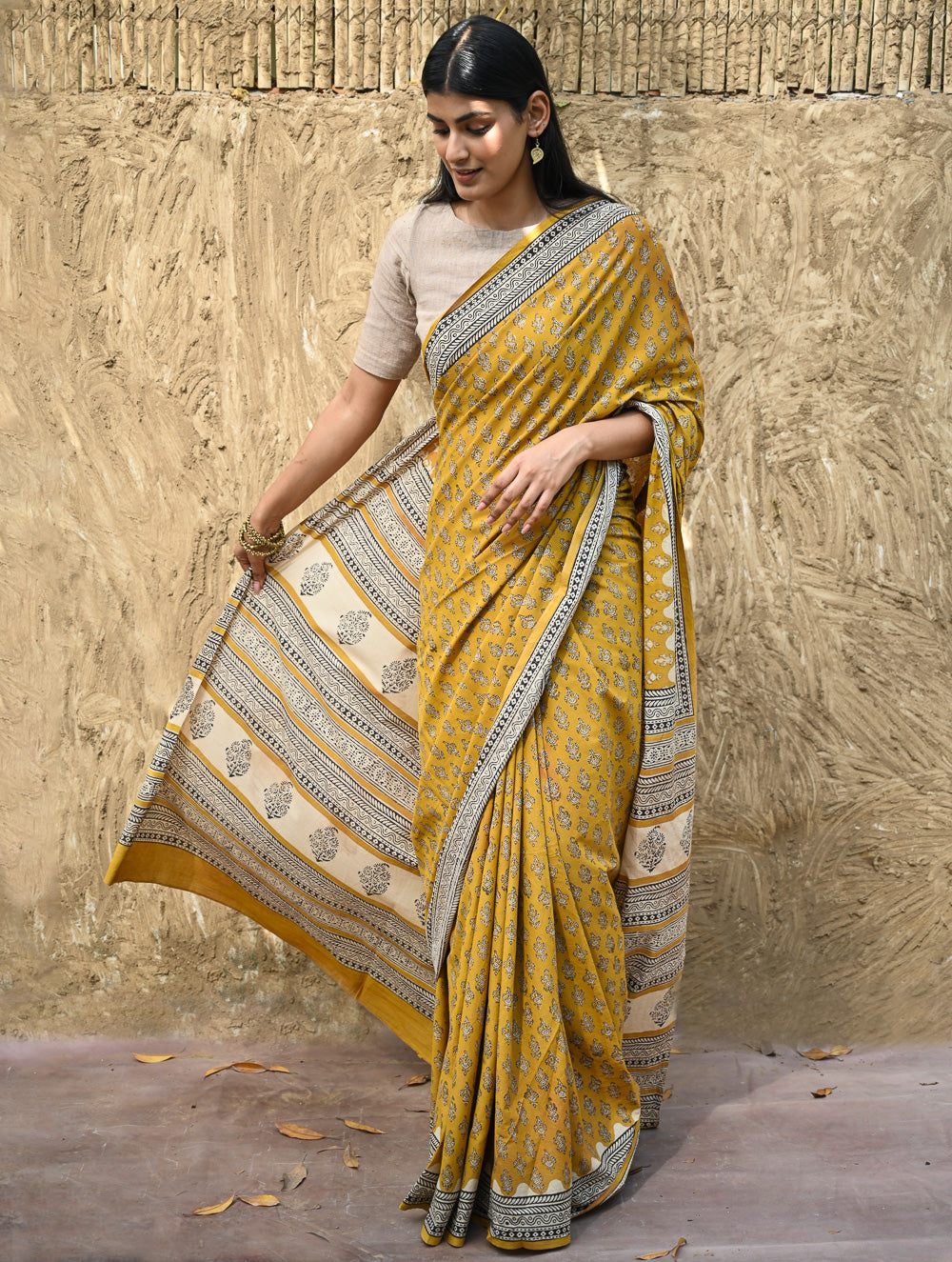 Bagru Statements : Hand Block Printed Cotton Saree - Kesarika