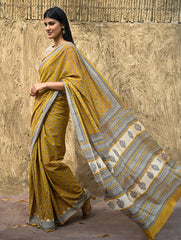 Bagru Statements : Hand Block Printed Cotton Saree - Kesarika