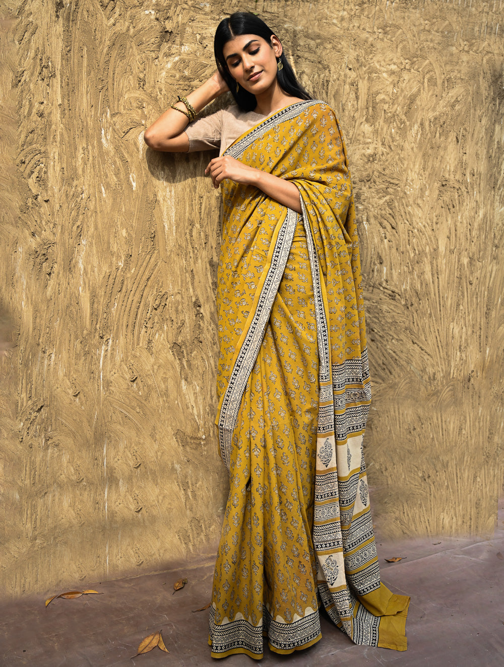 Bagru Statements : Hand Block Printed Cotton Saree - Kesarika