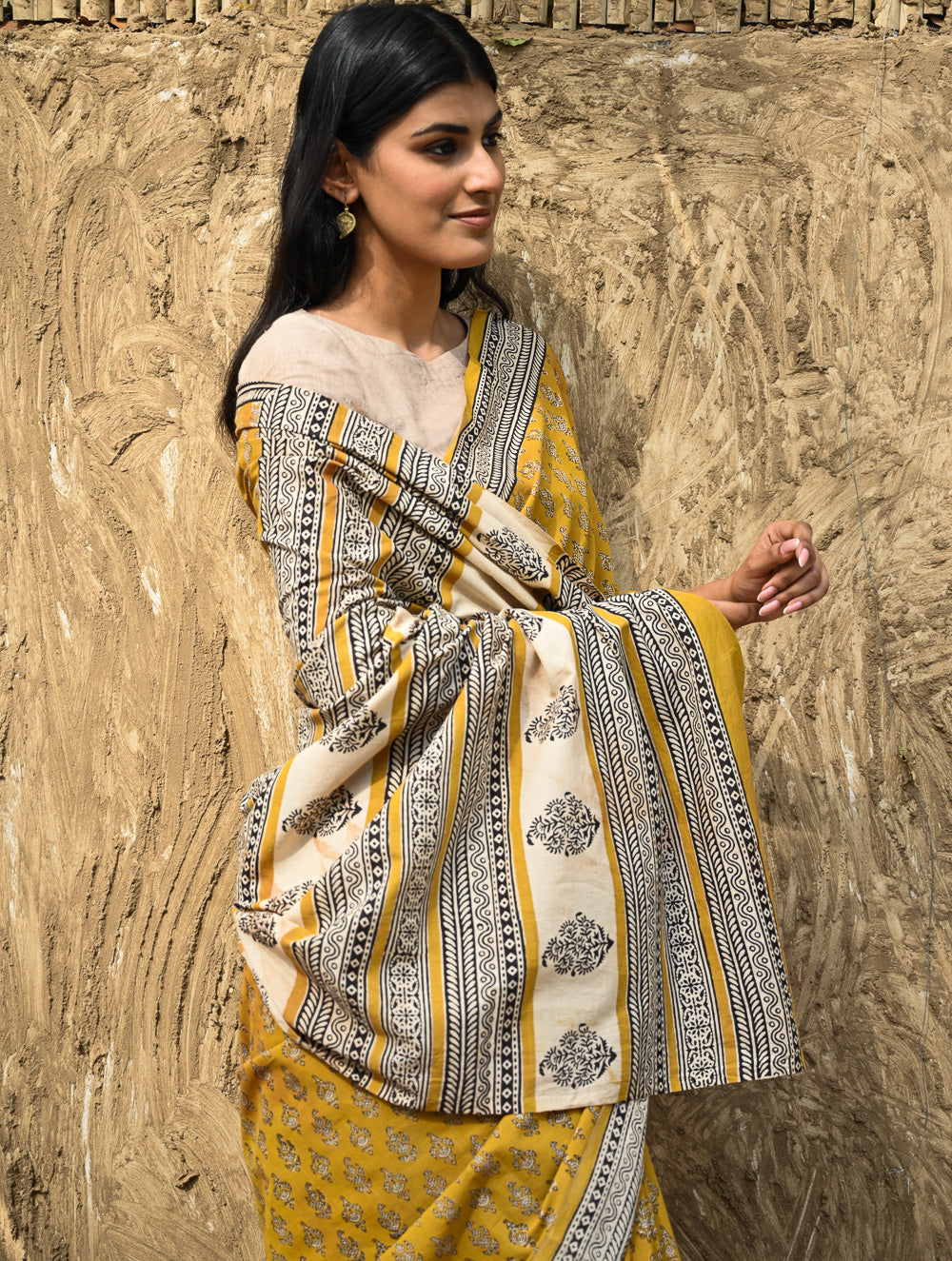 Bagru Statements : Hand Block Printed Cotton Saree - Kesarika