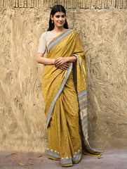 Bagru Statements : Hand Block Printed Cotton Saree - Kesarika