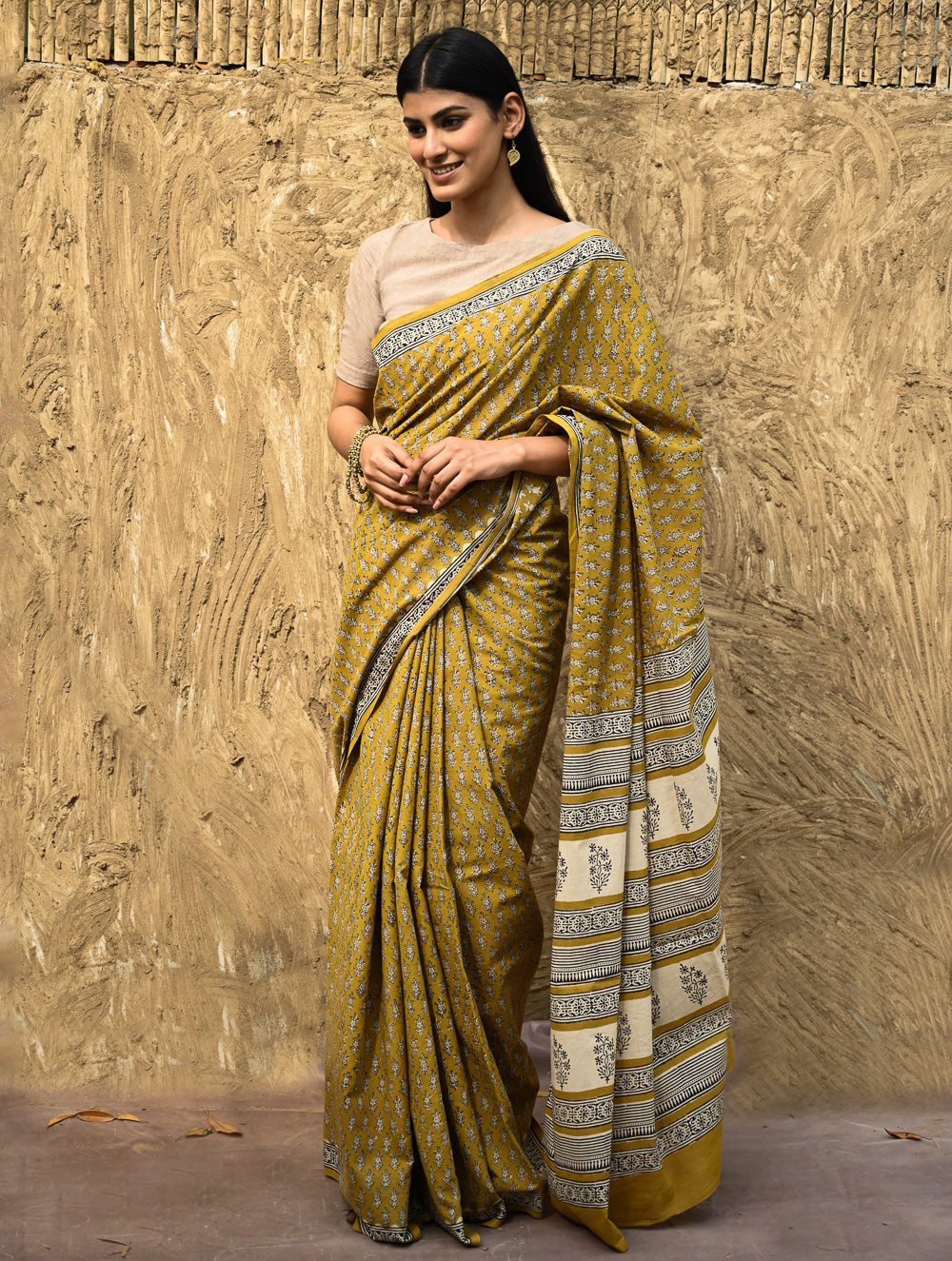 Bagru Statements : Hand Block Printed Cotton Saree - Peetambari