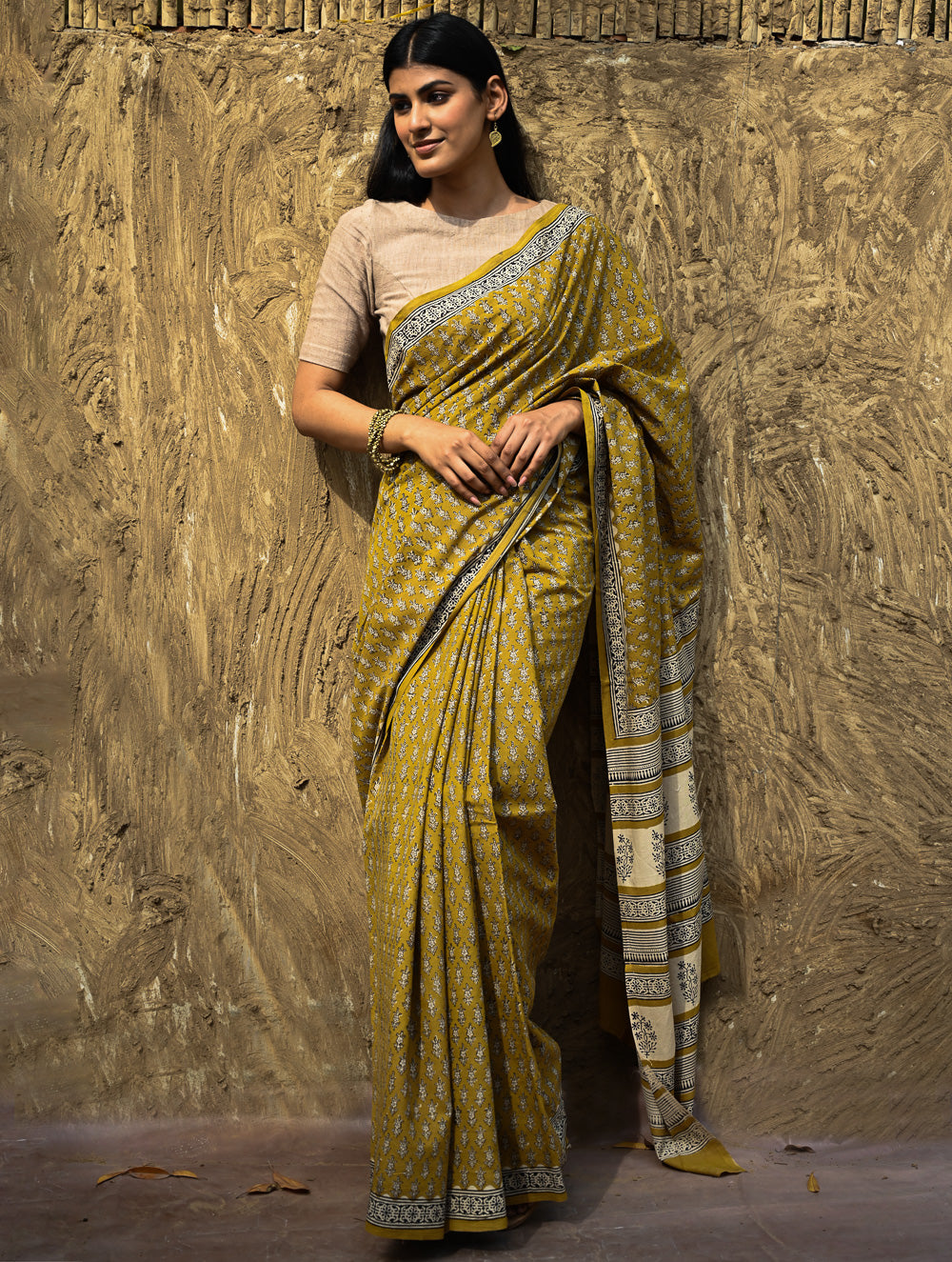 Bagru Statements : Hand Block Printed Cotton Saree - Peetambari