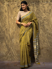 Bagru Statements : Hand Block Printed Cotton Saree - Peetambari