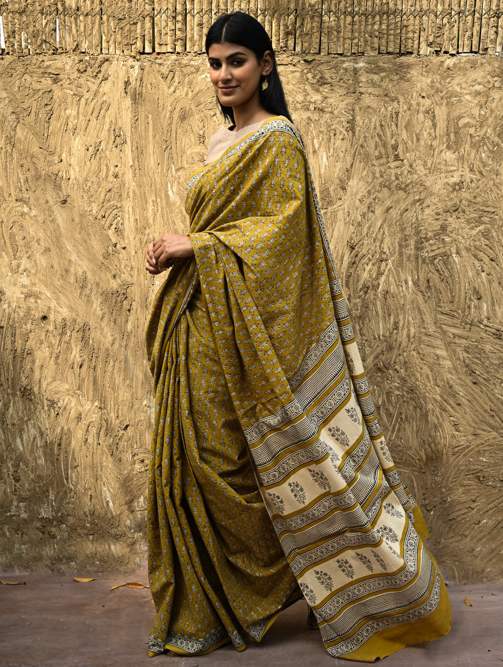 Bagru Statements : Hand Block Printed Cotton Saree - Peetambari