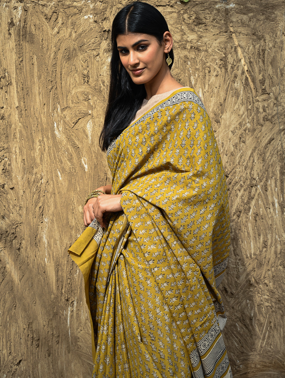 Bagru Statements : Hand Block Printed Cotton Saree - Peetambari