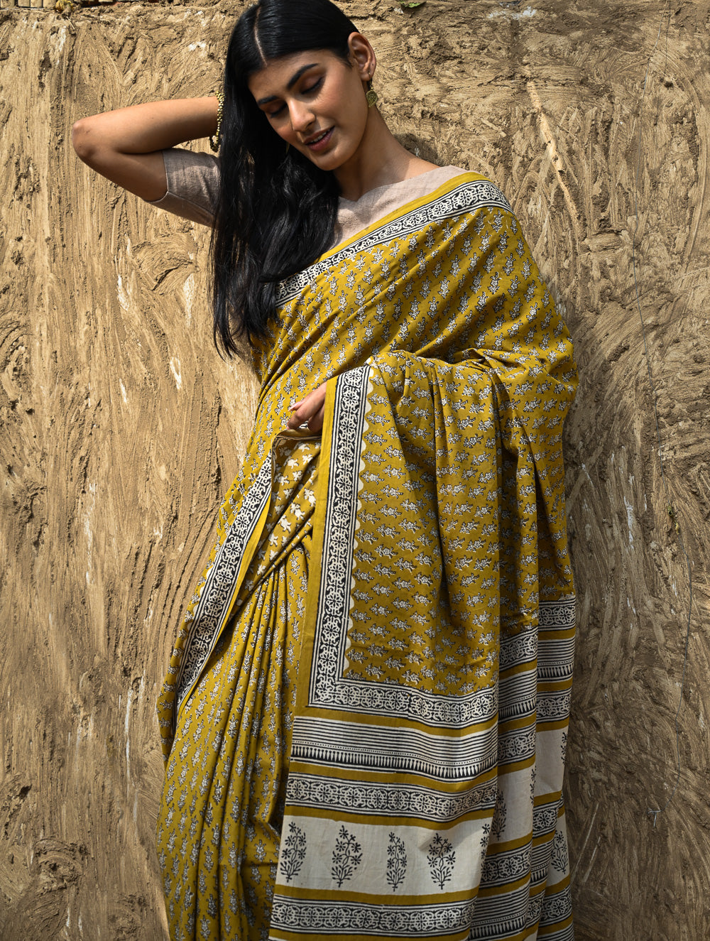 Bagru Statements : Hand Block Printed Cotton Saree - Peetambari