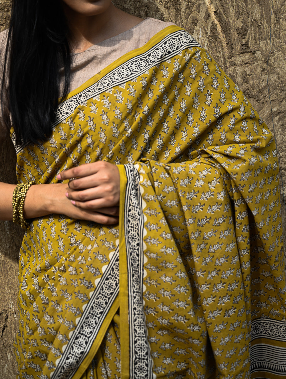 Bagru Statements : Hand Block Printed Cotton Saree - Peetambari