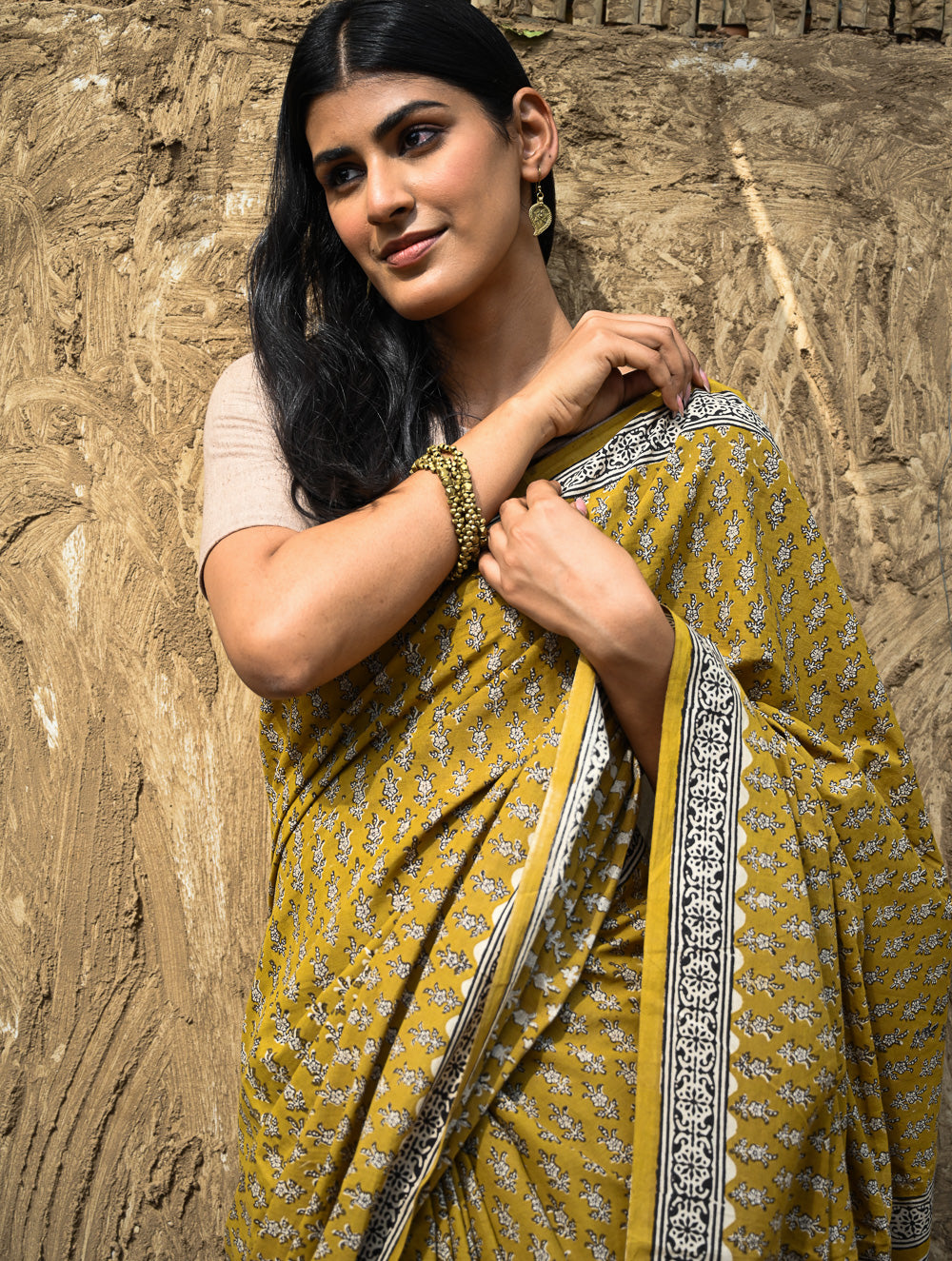 Bagru Statements : Hand Block Printed Cotton Saree - Peetambari
