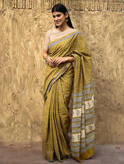 Bagru Statements : Hand Block Printed Cotton Saree - Peetambari