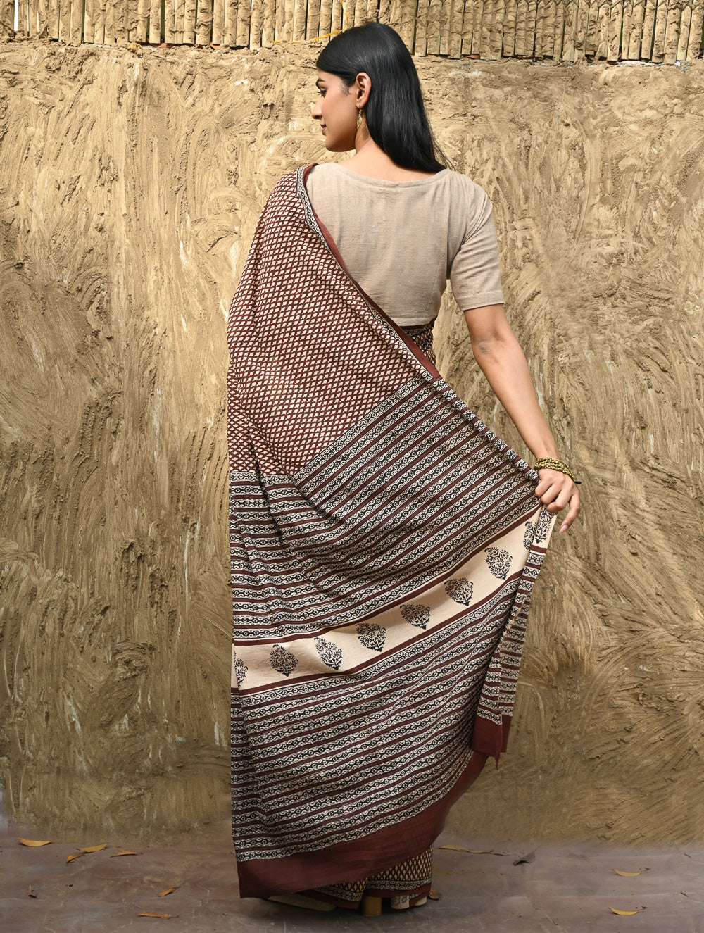 Bagru Statements : Hand Block Printed Cotton Saree - Mridang Jaal