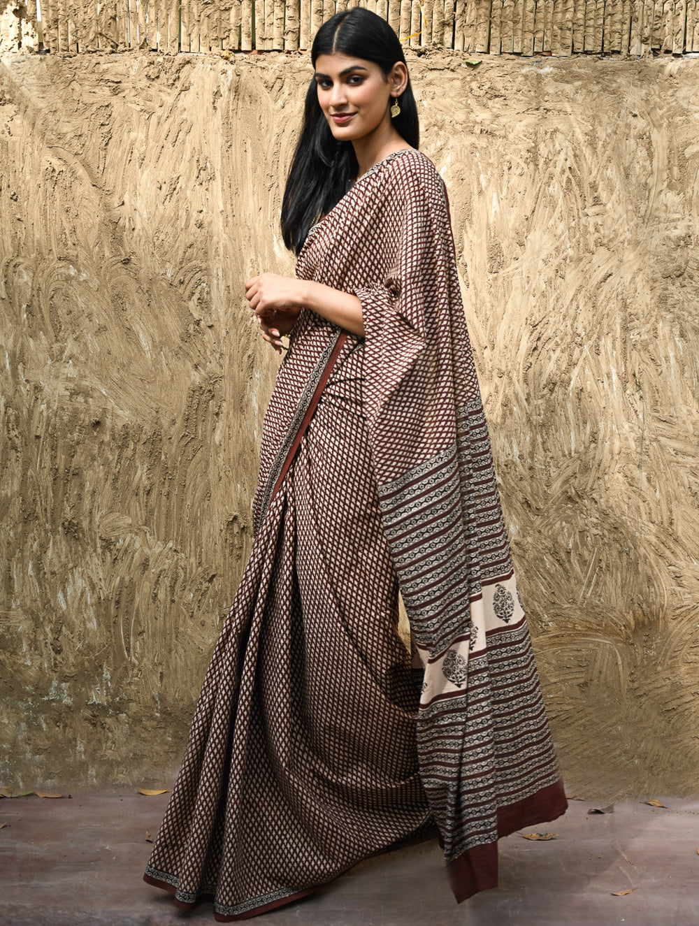Bagru Statements : Hand Block Printed Cotton Saree - Mridang Jaal