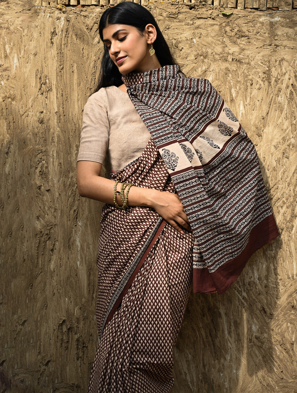 Bagru Statements : Hand Block Printed Cotton Saree - Mridang Jaal