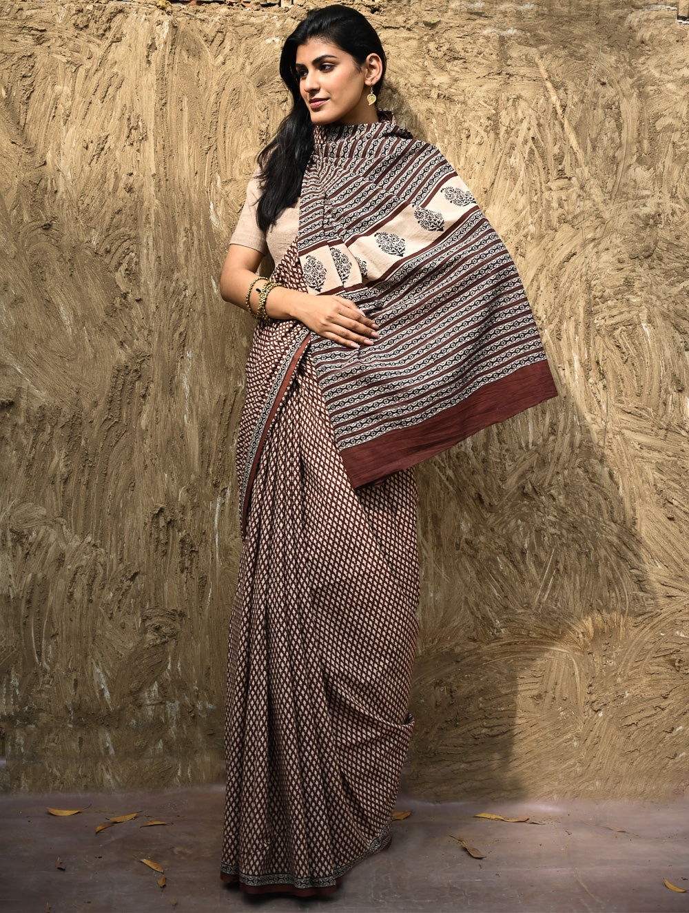 Bagru Statements : Hand Block Printed Cotton Saree - Mridang Jaal