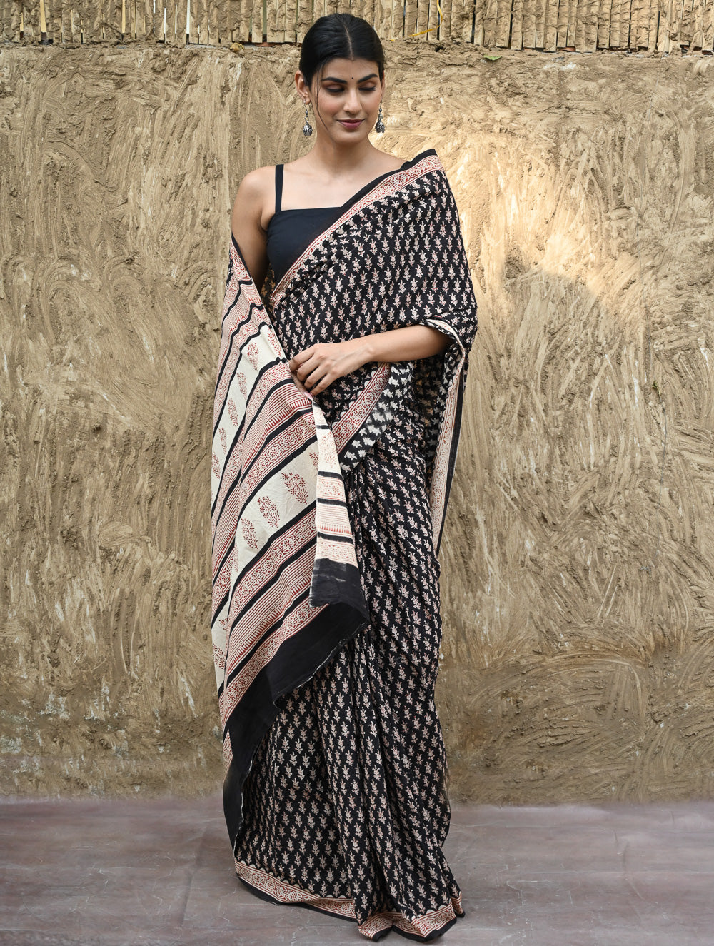 Bagru Statements : Hand Block Printed Cotton Saree - Shyam Phooljaal