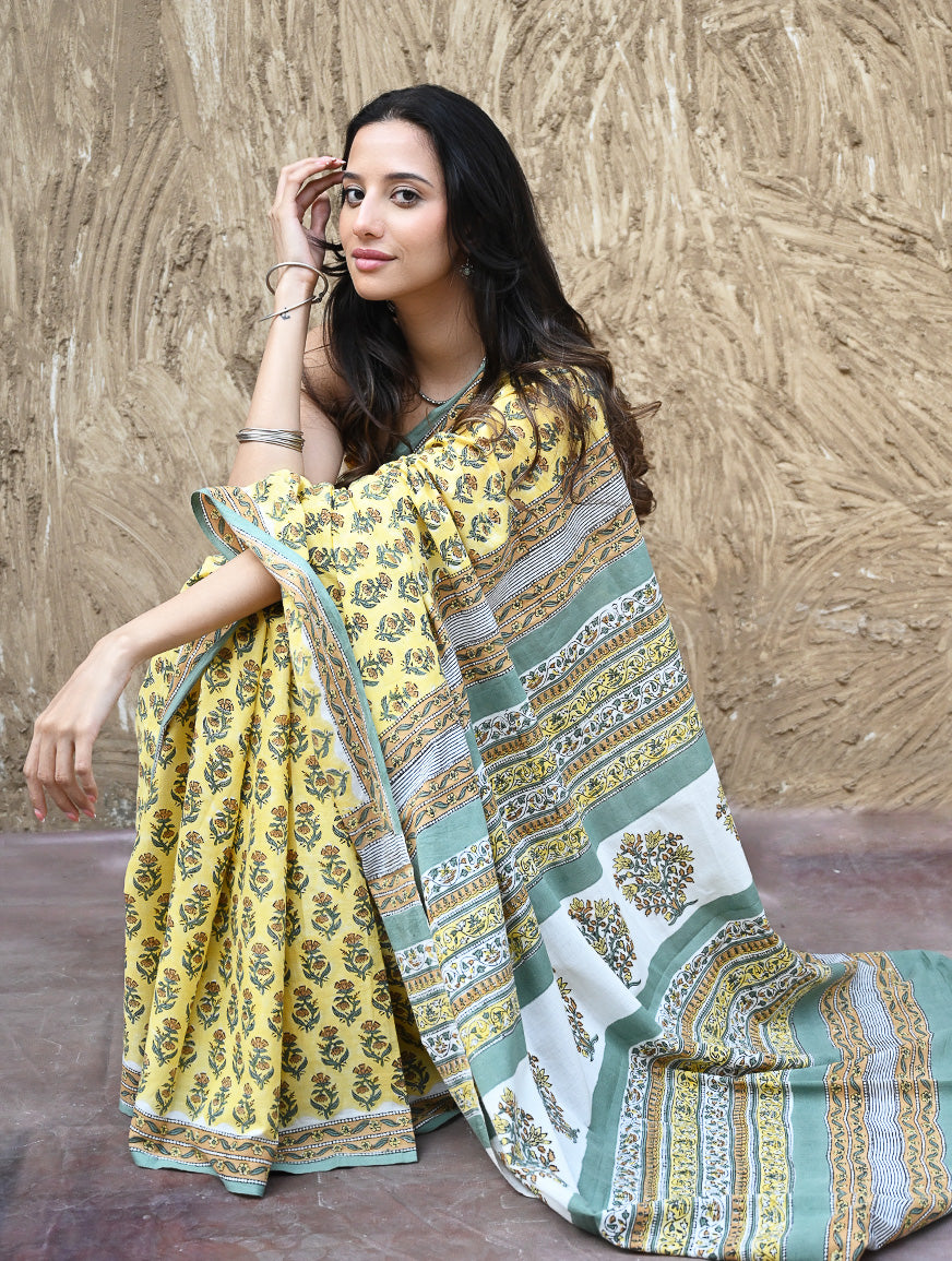 Sanganer Summers : Hand Block Printed Mul Cotton Saree - Aayo Basant