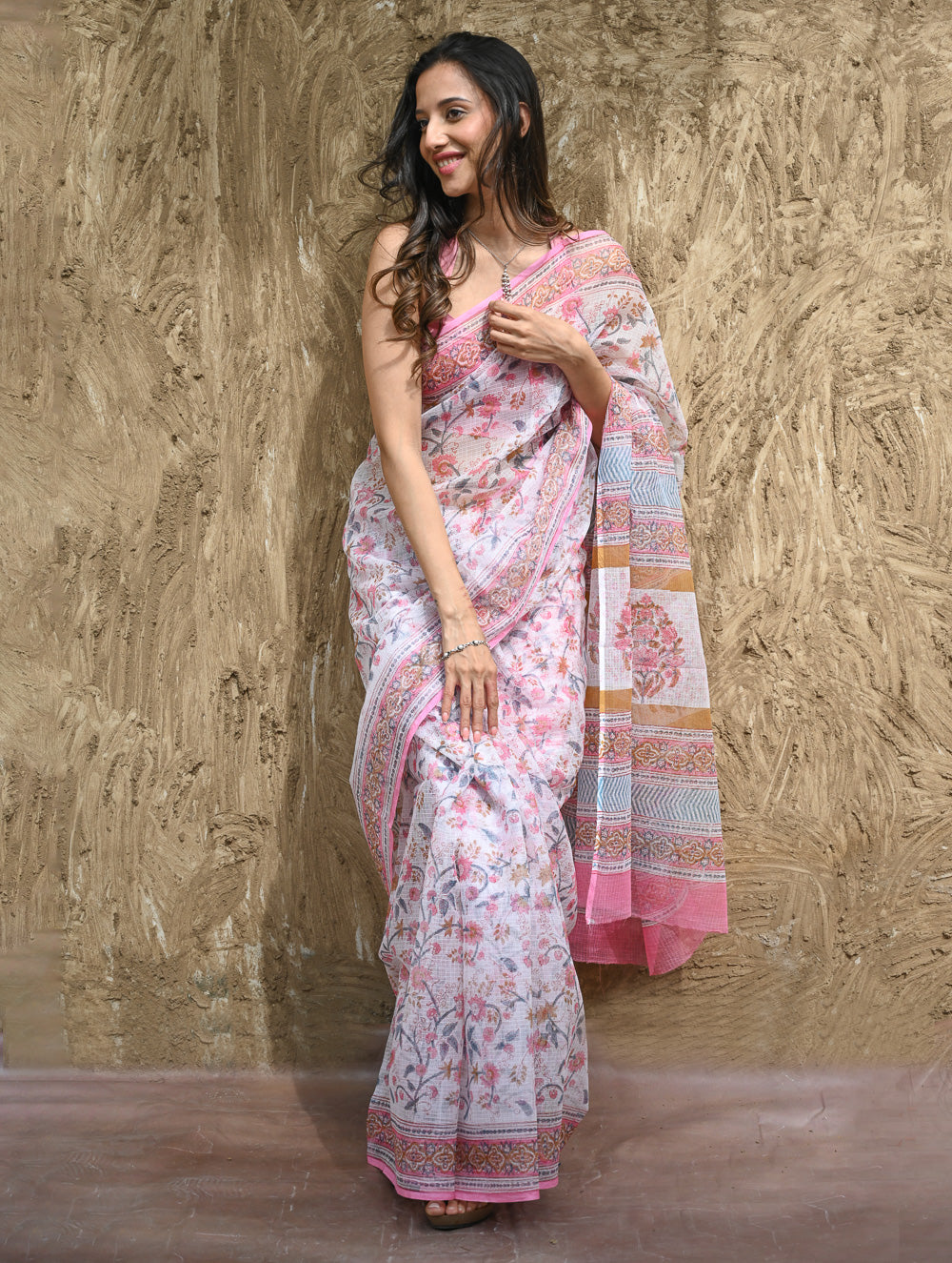 Sanganer Summers : Hand Block Printed Kota Doria Saree - Gulabi Meadow