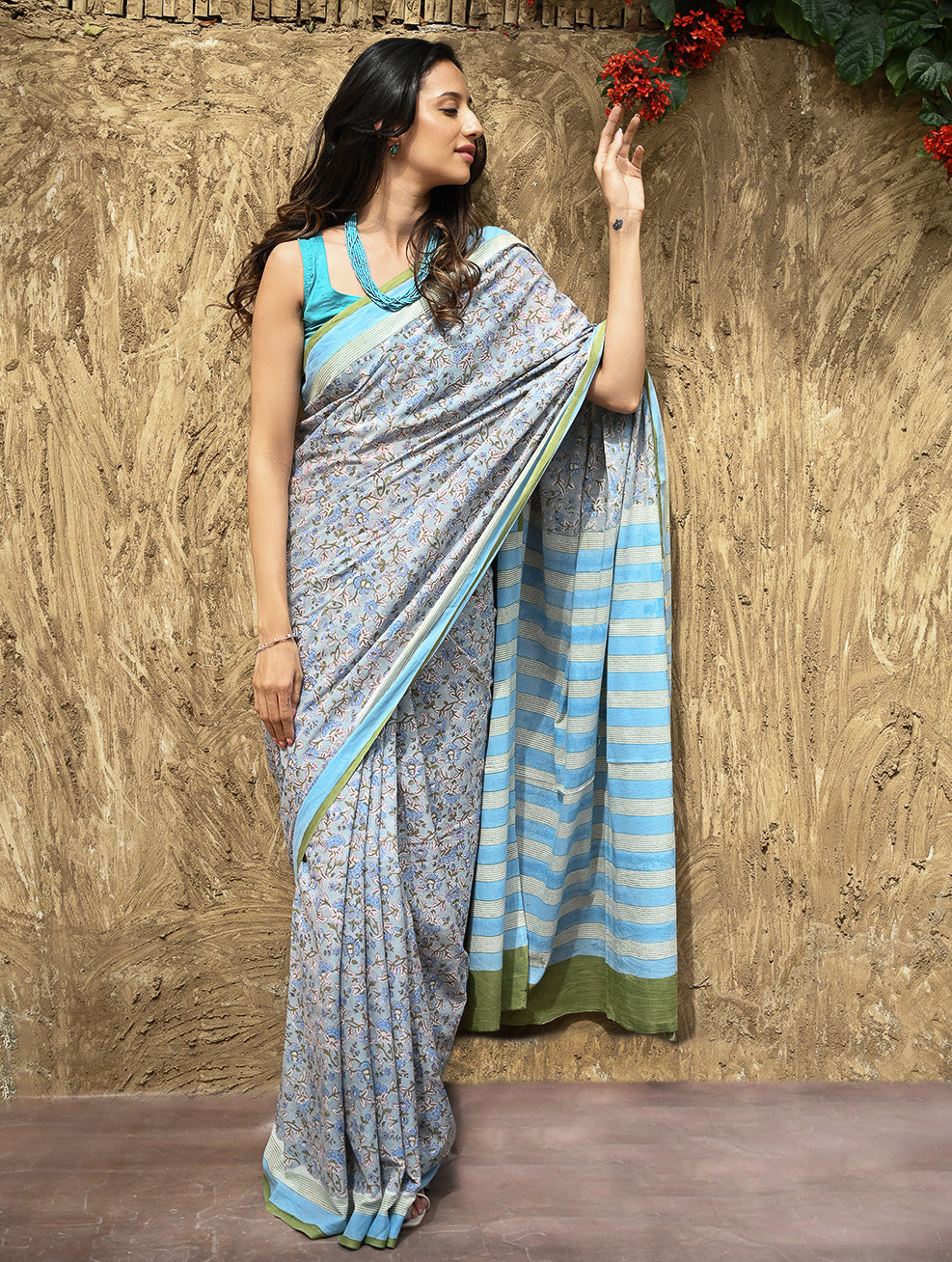 Sanganer Summers : Hand Block Printed Mul Cotton Saree - Dhusar Neel